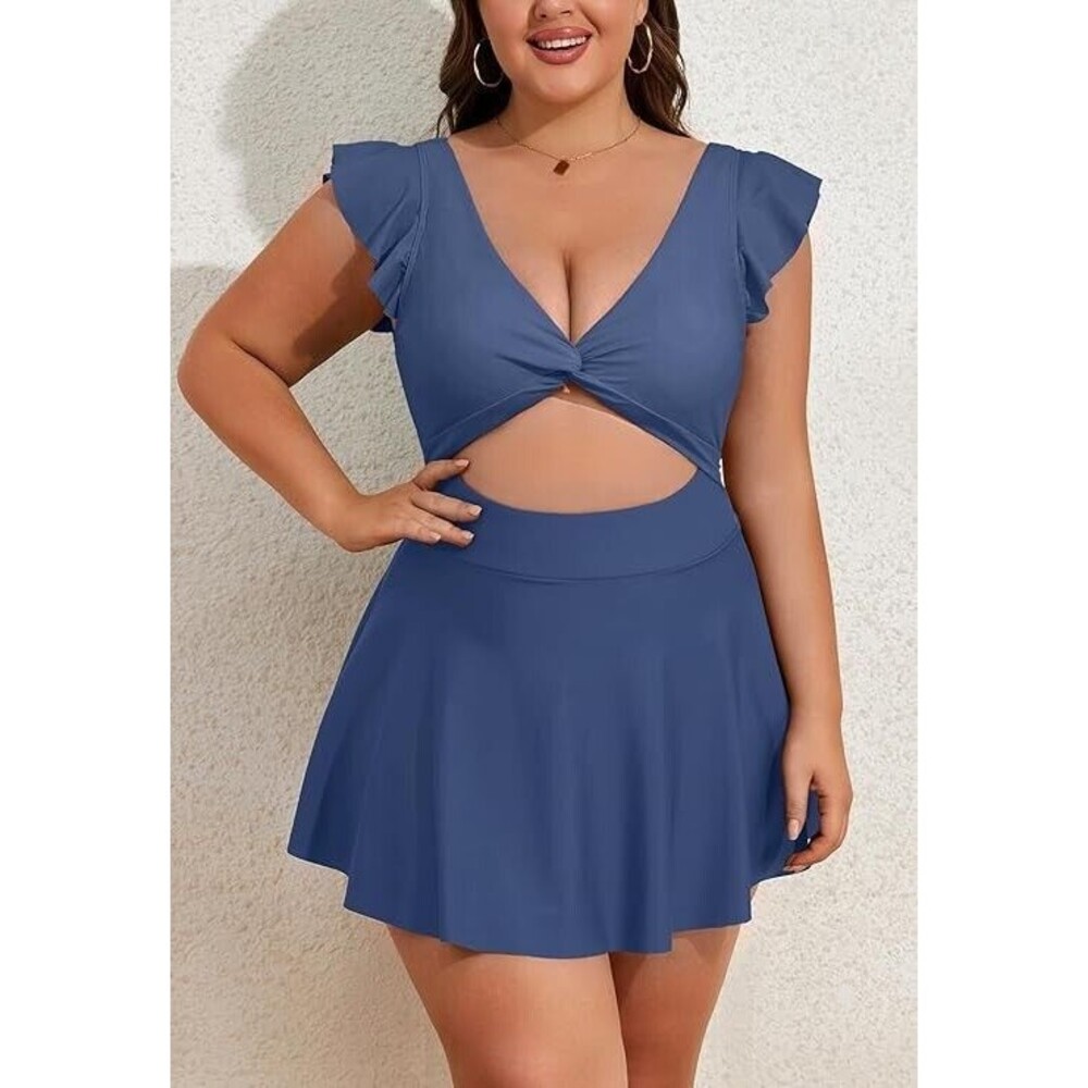 Women Plus Size Ruffle 1 Piece Skirt Swimsuit V Neck Cutout Swim dress blue 5xl